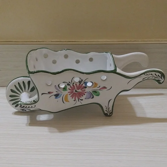 Vintage Spring Easter Porcelain Planter Hand Painted Floral Wheelbarrow Portugal - Picture 1 of 5